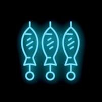 Neon sign showing three grilled fishes on a skewer on a black background vector