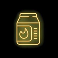 Glowing yellow neon icon of a box with fire symbol vector