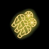 Neon sign showing chicken legs with lemon slices glowing on black background vector