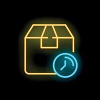 Neon sign of cardboard box showing shipping time vector
