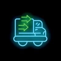 Neon style icon of delivery truck moving right with arrows displaying motion vector