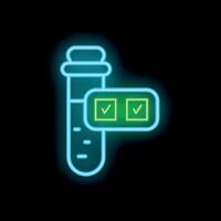 Neon icon of medical test tube displaying two check marks symbolizing successful results vector