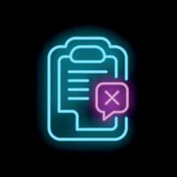 Neon icon of clipboard with document and error message on black background vector
