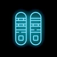 Blue neon icon of a pair of snowboards glowing on black background vector