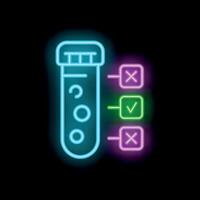 Neon icon of test tube being checked for quality control in laboratory vector