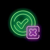 Neon green tick icon and red cross sign showing different status for success and fail vector