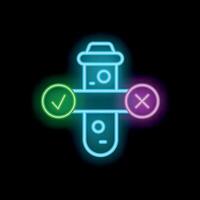 Neon icon of test tube with check and cross mark representing medical analysis result vector