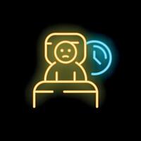 Unhappy office worker sitting at desk with clock showing deadline neon sign vector