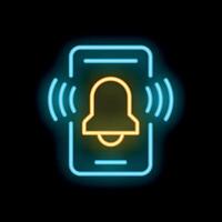 Neon smartphone showing notification bell ringing with sound waves vector