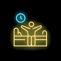 Man waking up stretching in bed after good sleep neon icon vector