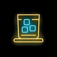 Neon sign of glass with ice cubes and drink on black background vector