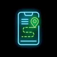 Neon smartphone showing gps app with destination point and route on screen vector