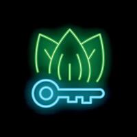 Neon icon of key unlocking sustainable future with green leaves vector