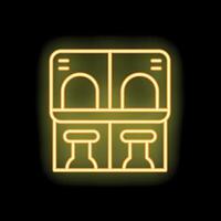 Neon train compartment with two seats and table icon on black background vector