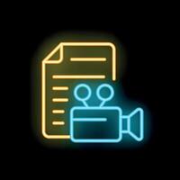 Glowing neon line icon of a camera recording a document vector
