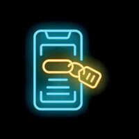Neon icon of smartphone showing blockchain technology with attached tag vector