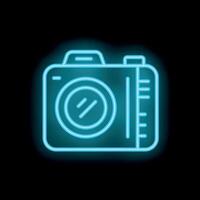 Neon camera icon glowing on dark background vector