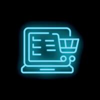 Neon shopping cart icon hovering over laptop showing online order confirmation page vector