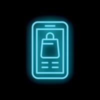 Neon smartphone showing online shopping app with shopping bag icon vector