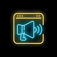 Neon sign showing a megaphone screaming inside a web browser window for digital marketing campaign vector