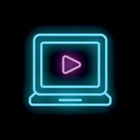Neon laptop showing play button on black background vector