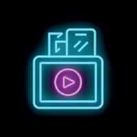 Neon sign of online folder with play button on dark background vector