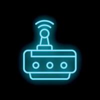 Neon icon of wifi router emitting wifi signal on black background vector
