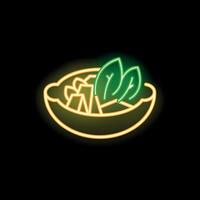 Neon sign showing bowl of salad with leaves on black background vector