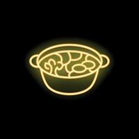 Neon sign of pot cooking soup with vegetables on black background vector