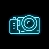 Blue neon sign camera shining in the dark background vector
