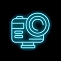 Neon camera icon glowing on dark background vector