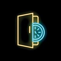 Neon glowing icon of a door with a clock showing working hours vector
