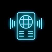 Neon icon of passport emitting sound waves representing audio guide for tourists vector