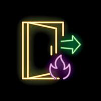 Neon fire exit sign showing open door with arrow pointing out vector
