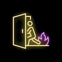 Neon icon of person escaping burning building through door vector