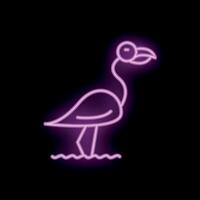Pink neon light showing a flamingo standing on water on a black background vector