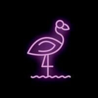 Pink neon sign representing a flamingo standing on a black background vector