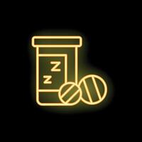 Neon icon of sleeping pills bottle and tablets glowing on black background vector
