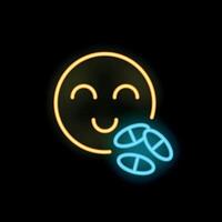 Neon glowing icon of a happy face taking pills vector
