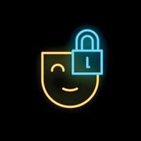 Neon icon of smiling face with padlock representing keeping secrets vector