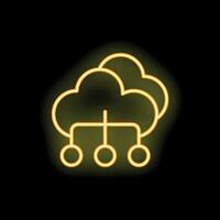 Neon yellow cloud computing network servers icon on black background vector