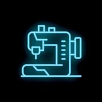 Blue neon icon of a sewing machine on black background vector