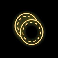 Neon icon of two round reusable cotton pads glowing yellow on black background vector
