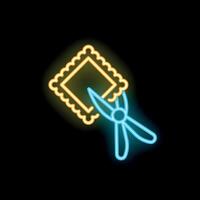 Neon scissors cutting square shape with zigzag edges on black background vector