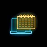 Neon calendar icon hovering over laptop computer on black background vector