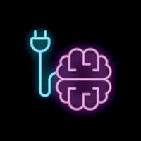 Neon icon of brain connecting to power supply symbolizing artificial intelligence vector