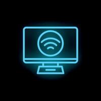 Neon computer monitor displaying wifi signal icon on black background vector