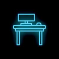 Neon office desk with computer mouse and monitor shining on black background vector