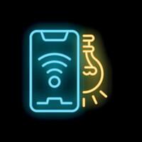 teléfono inteligente emitiendo Wifi señal conectando a ligero bulbo, neón firmar de inteligente hogar tecnología vector