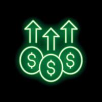 Neon green dollar coins increasing value with up arrows vector